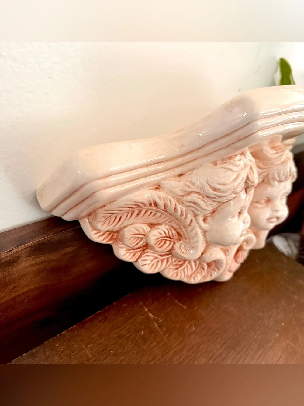 Vintage Cherub Angel Wall Shelf Sconce Ceramic Peach Pink Cottagecore 10.5x5”